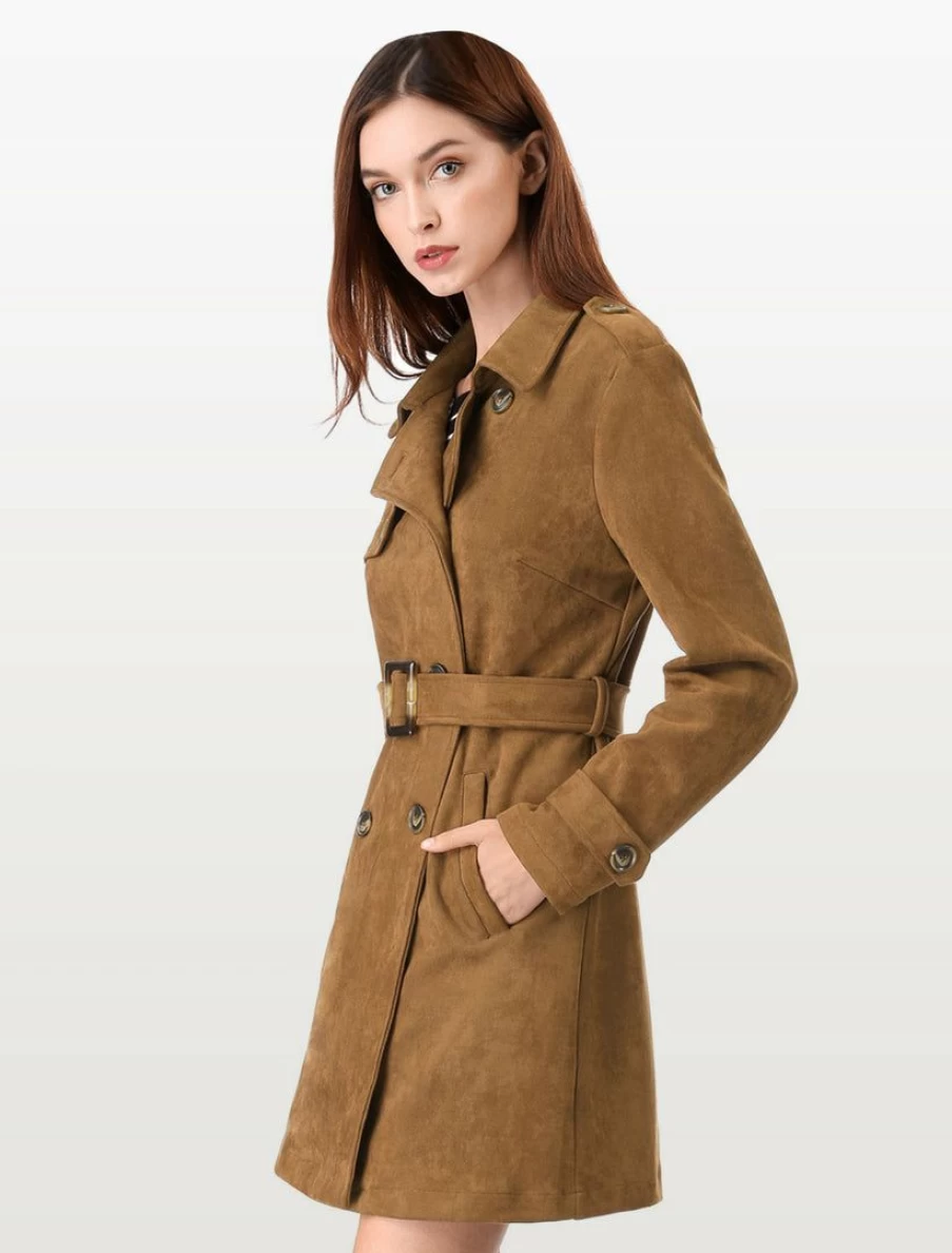 Women's Double-Breasted Faux Suede Trench Coat with Belt - Elegant Long Jacket for Fall and Winter