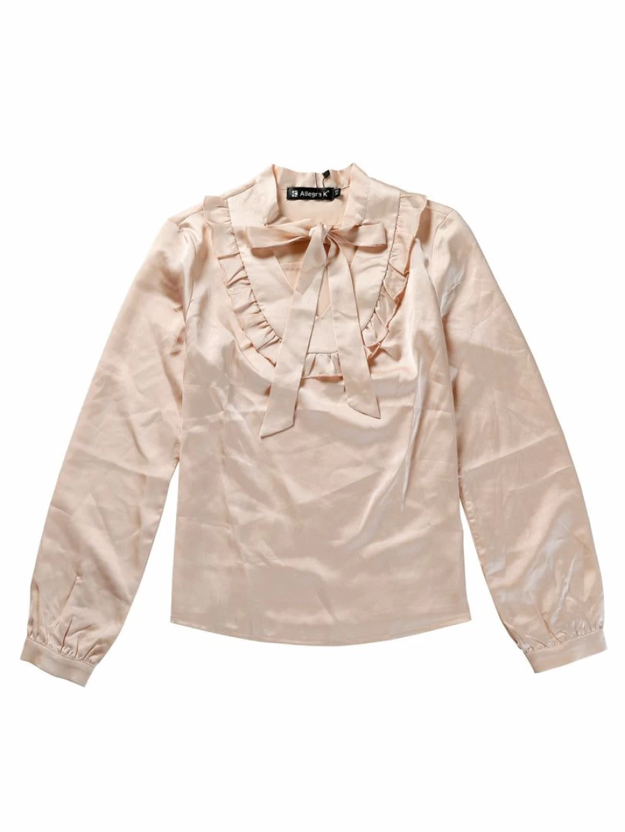 Allegra K Women's Apricot Satin Blouse with Ruffle Front, Bow Tie Detail, V-Neck, and Long Sleeves for Office or Casual Wear