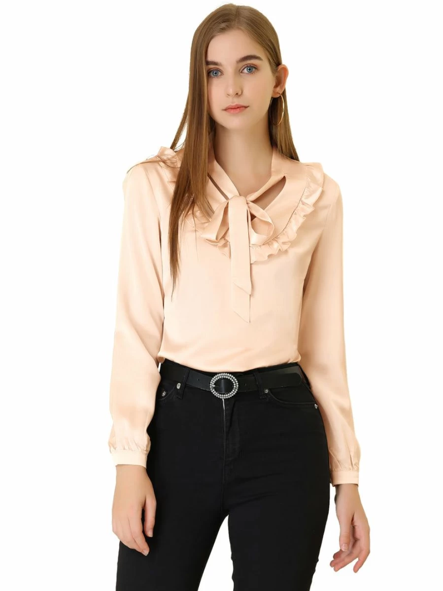 Allegra K Women's Apricot Satin Blouse with Ruffle Front, Bow Tie Detail, V-Neck, and Long Sleeves for Office or Casual Wear