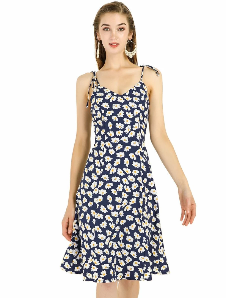 Women's Floral Summer Dress Spaghetti Strap Knee-Length Smocked Sleeveless Casual