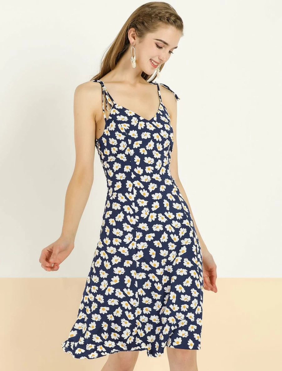 Women's Floral Summer Dress Spaghetti Strap Knee-Length Smocked Sleeveless Casual