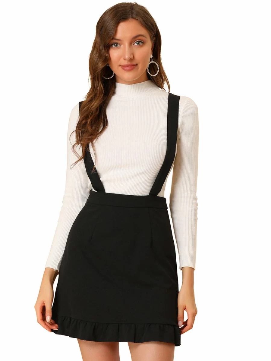 Black Women's Ruffle Hem Adjustable Strap Overalls Suspender Skirt by Allegra K