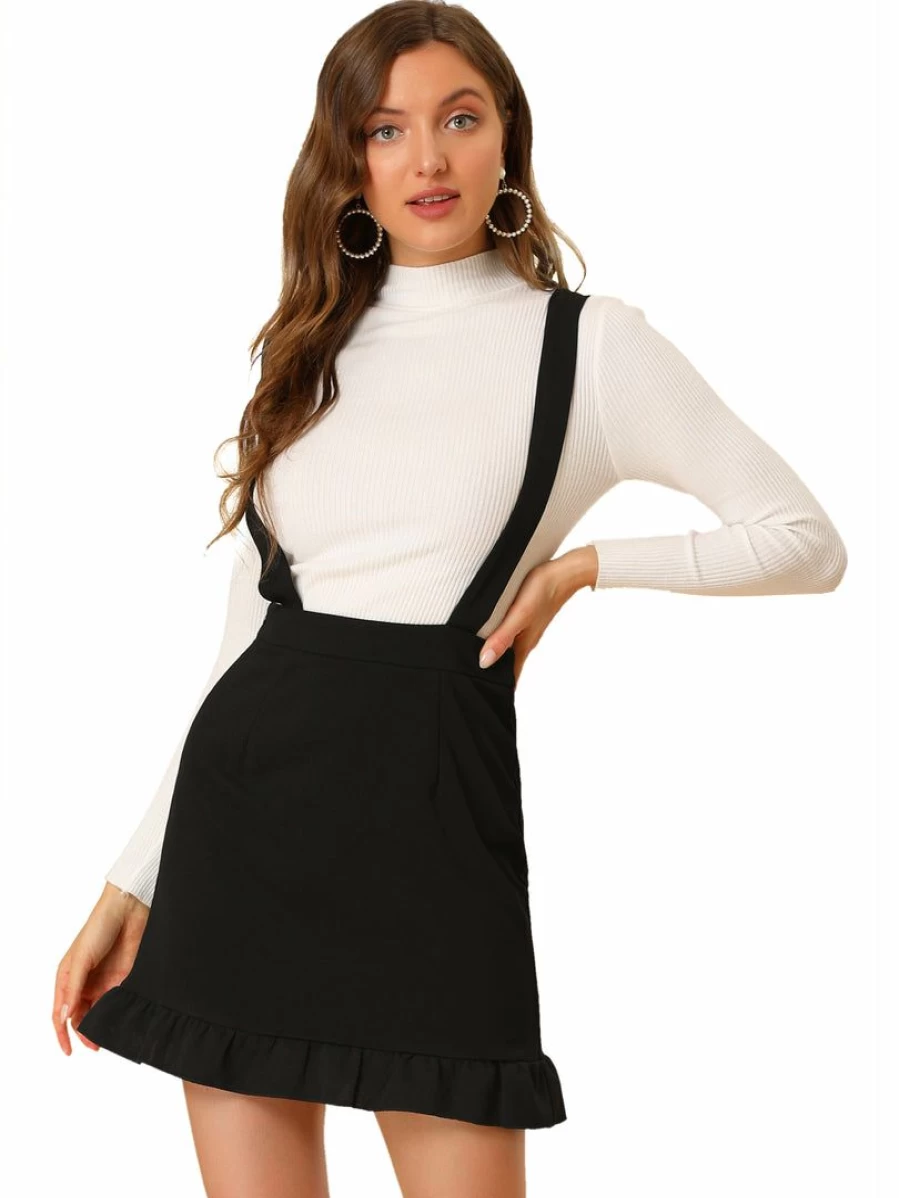 Black Women's Ruffle Hem Adjustable Strap Overalls Suspender Skirt by Allegra K