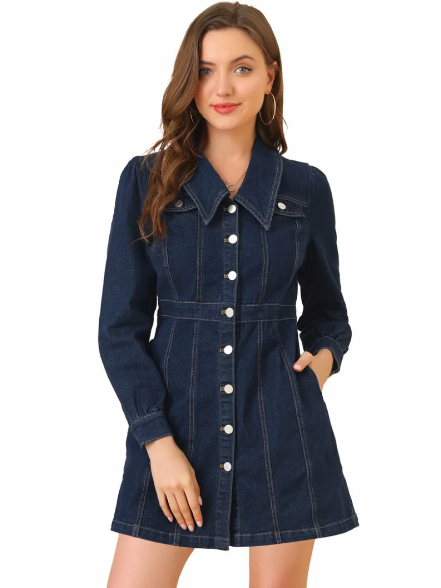 Vintage Dark Blue Denim A-Line Mini Dress with Button Front for Women