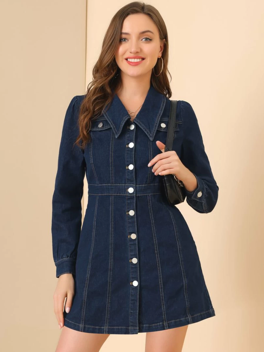 Vintage Dark Blue Denim A-Line Mini Dress with Button Front for Women