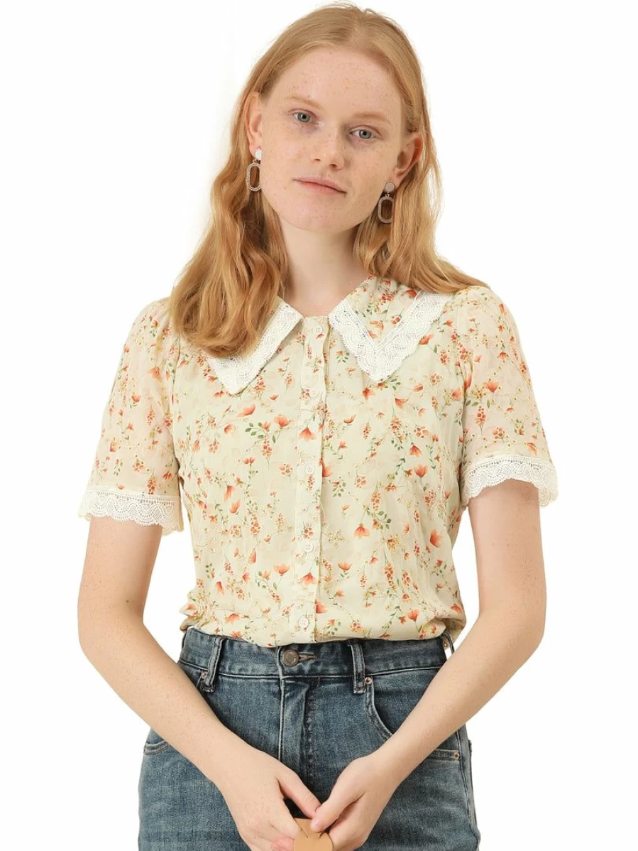 Women's Floral Embroidered Blouse with Peter Pan Collar - Casual Lace Top for Elegant Style