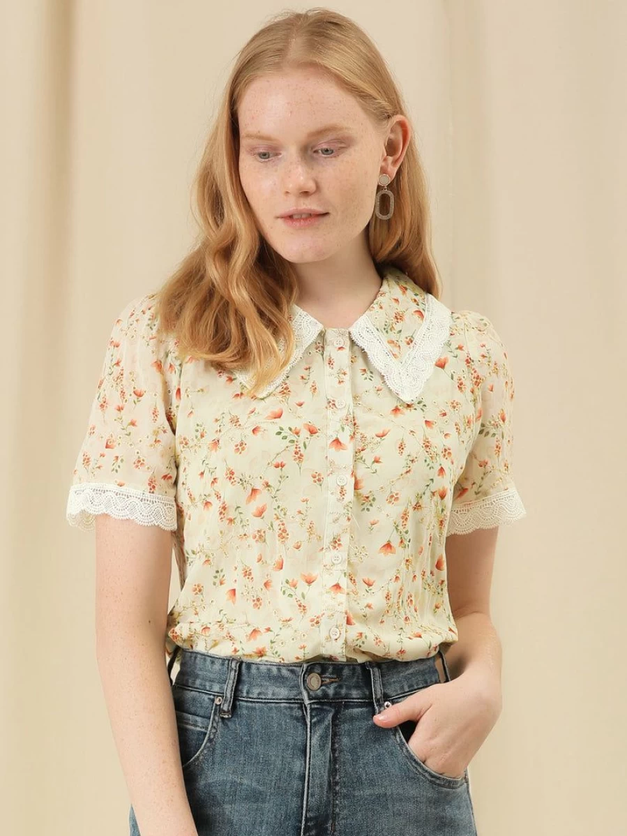 Women's Floral Embroidered Blouse with Peter Pan Collar - Casual Lace Top for Elegant Style