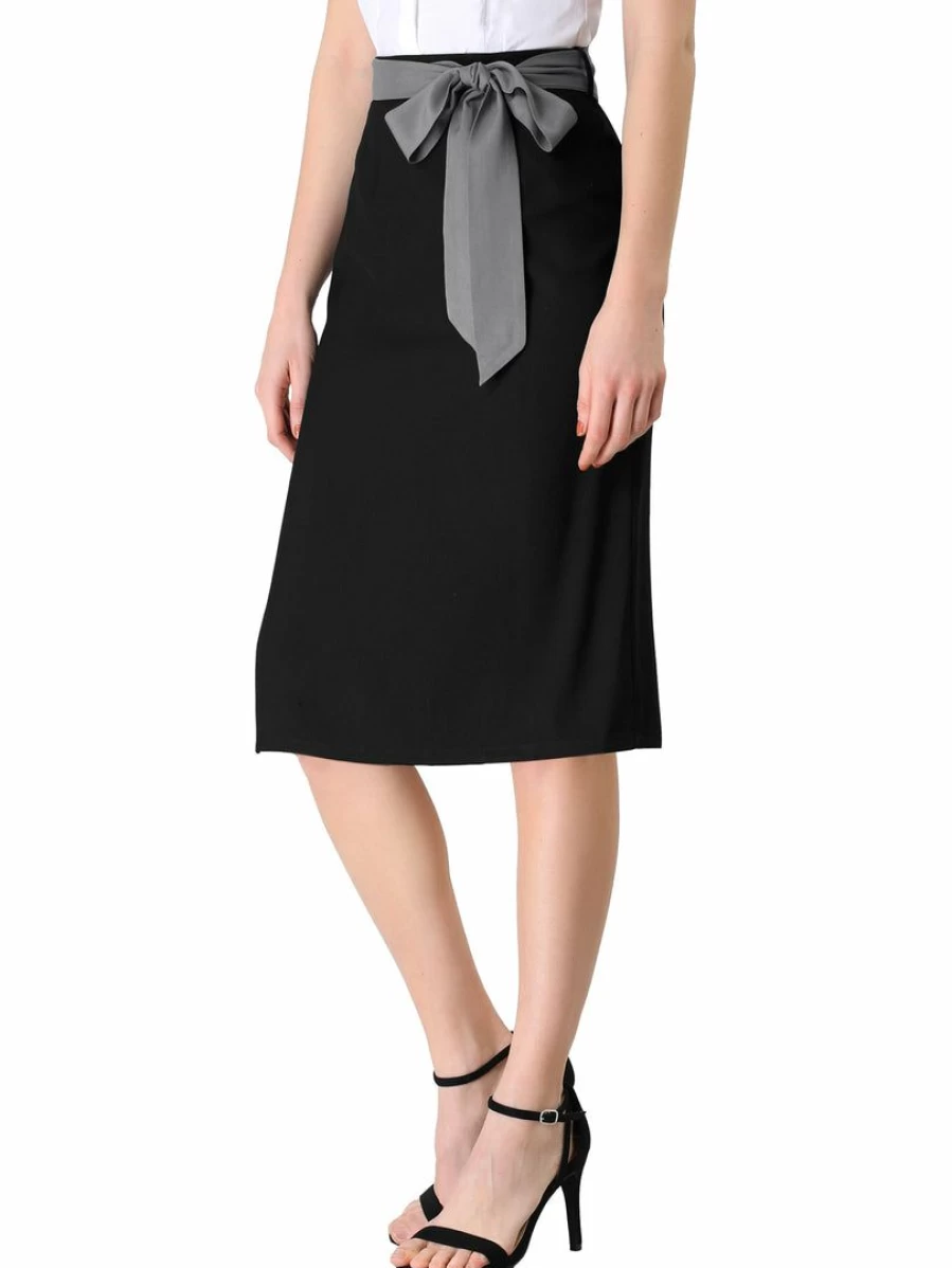 Black High Waisted Contrast Belted Midi Skirt for Women Office Work Wear