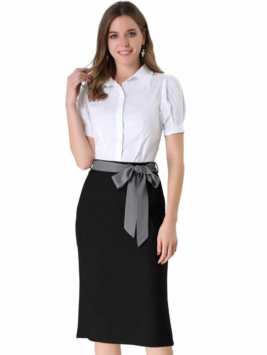 Black High Waisted Contrast Belted Midi Skirt for Women Office Work Wear