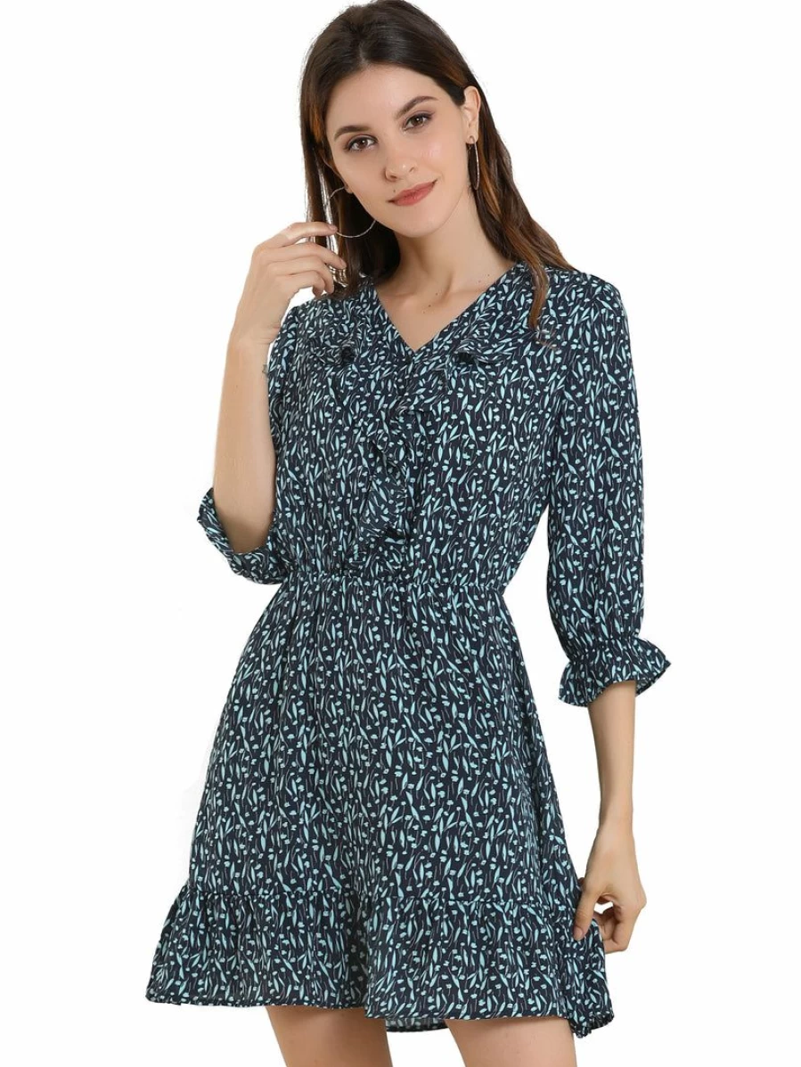 Black Floral Print V-Neck Ruffle Mini Dress with 3/4 Sleeve for Women