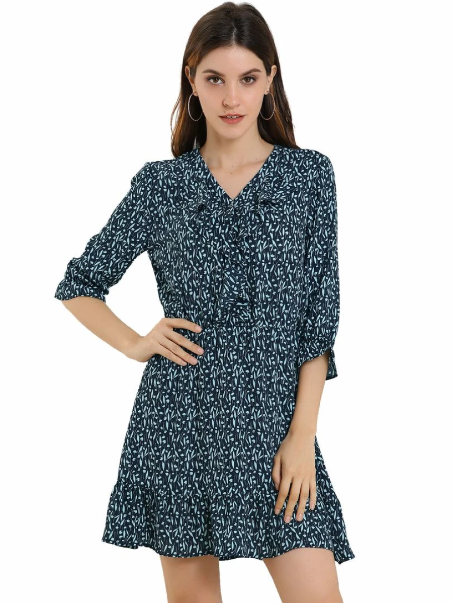 Black Floral Print V-Neck Ruffle Mini Dress with 3/4 Sleeve for Women