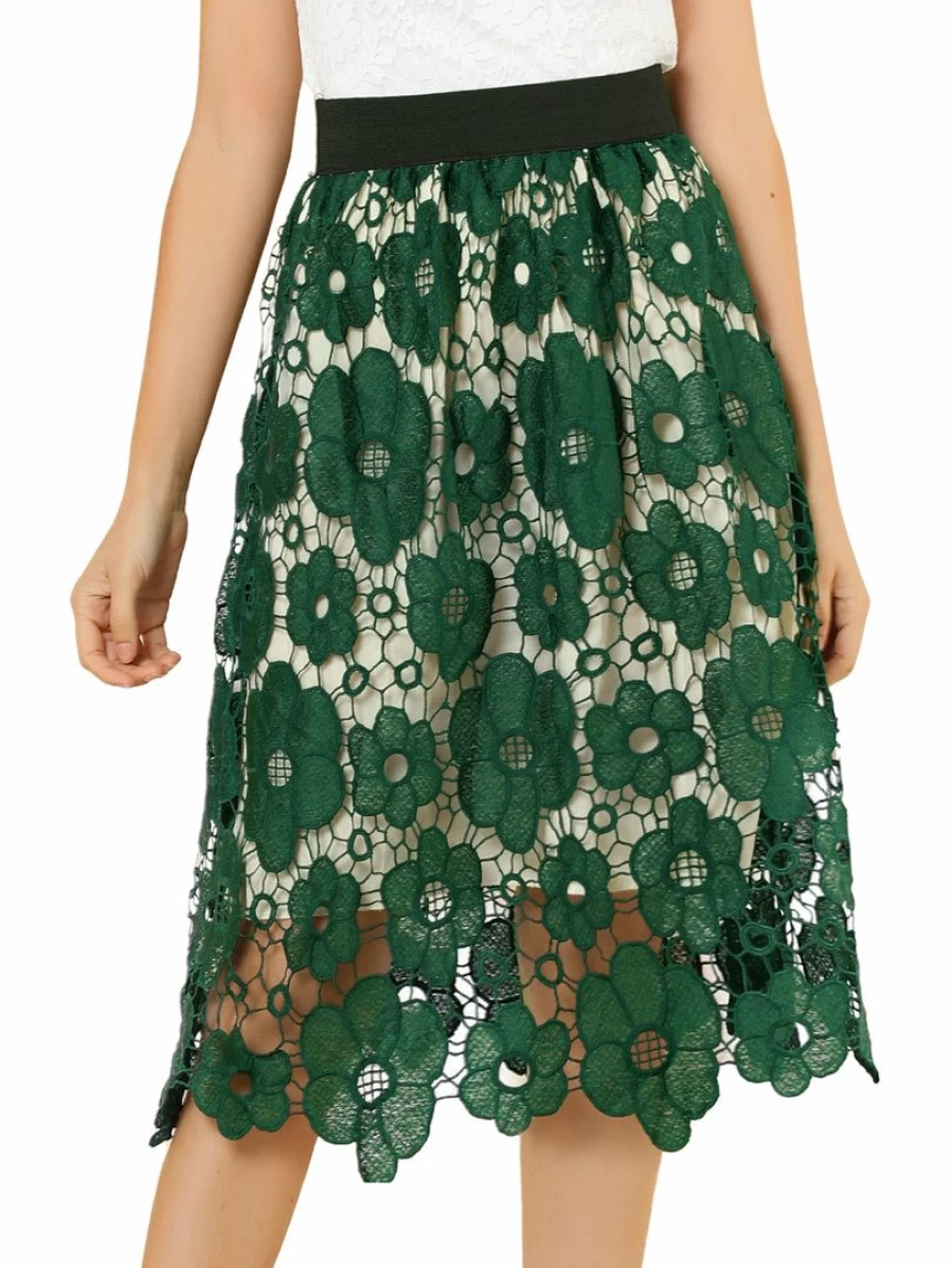 Vintage Floral Lace A-Line Skirt for Women with Elastic Waist and Layered Design