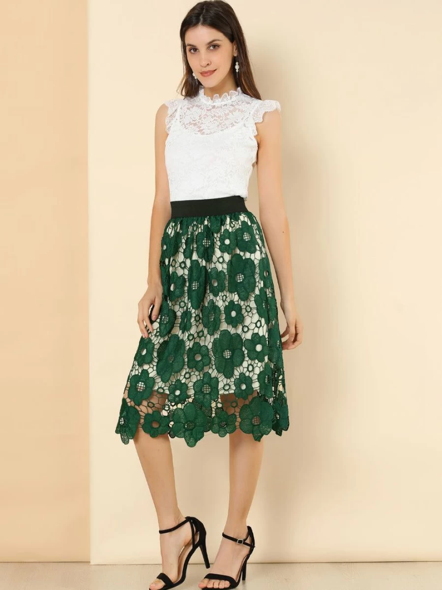 Vintage Floral Lace A-Line Skirt for Women with Elastic Waist and Layered Design