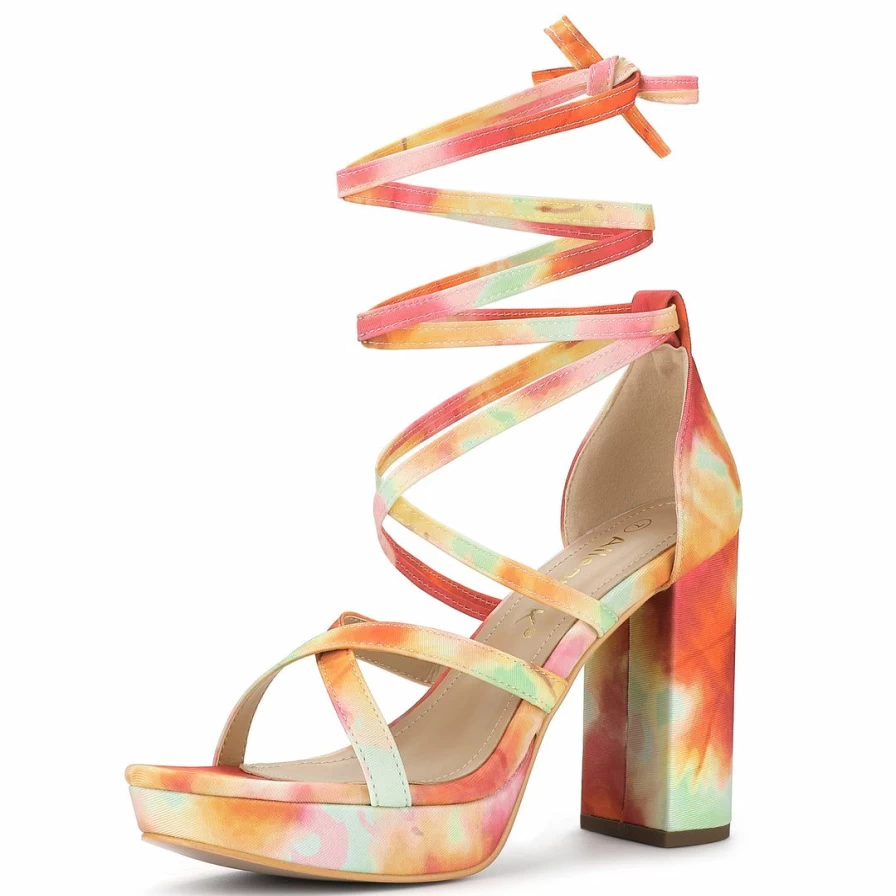 Women's Tie-Dye Platform Sandals with Chunky Heel and Lace-Up Design