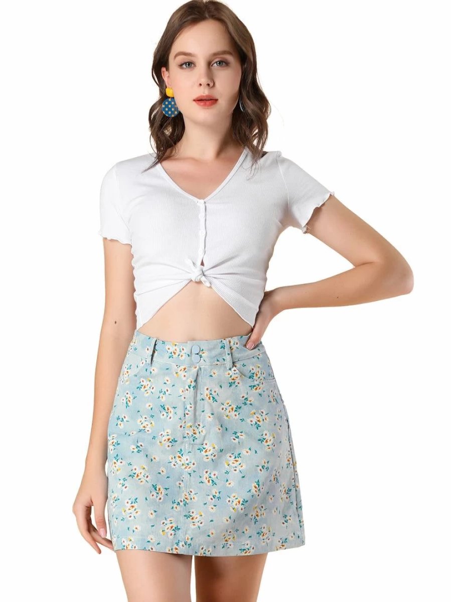 Light Blue Women's Daisy Floral Pocket A-Line Mini Denim Skirt by Allegra K