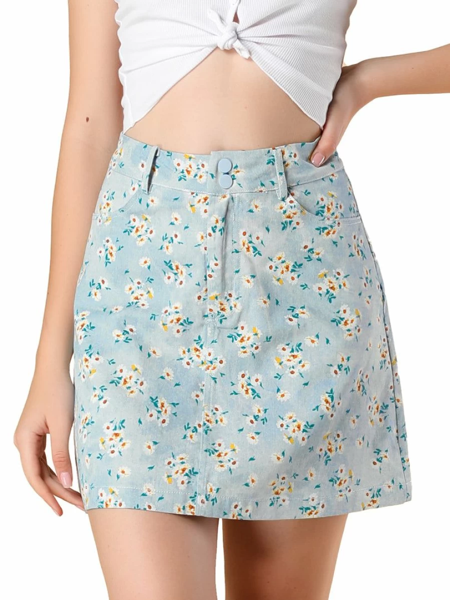 Light Blue Women's Daisy Floral Pocket A-Line Mini Denim Skirt by Allegra K