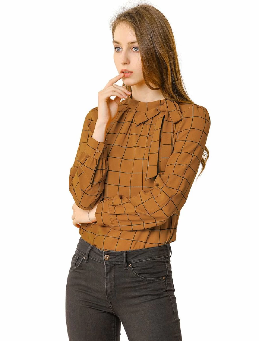 Women's Checkered Bow-Tie Blouse for Office & Work - Elegant Button-Up Shirt Tops