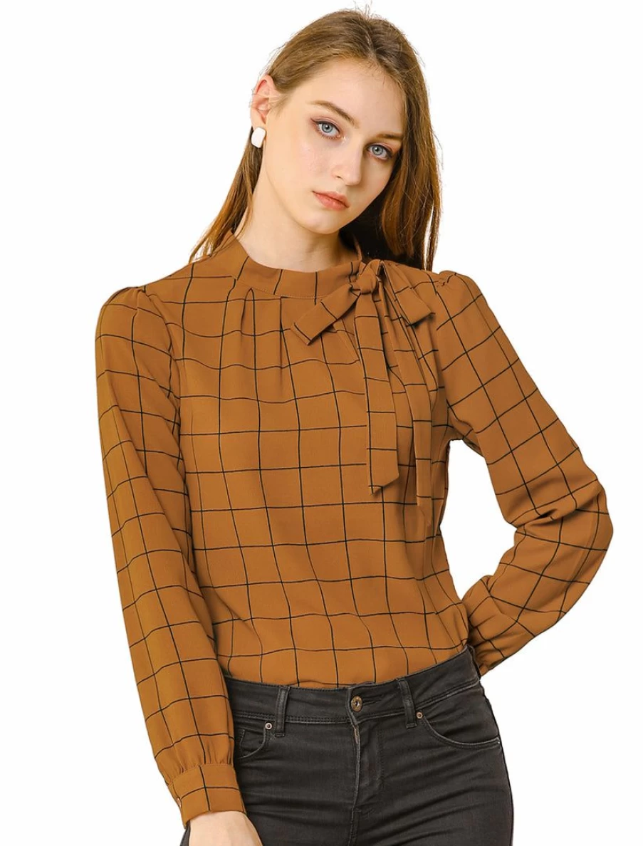 Women's Checkered Bow-Tie Blouse for Office & Work - Elegant Button-Up Shirt Tops