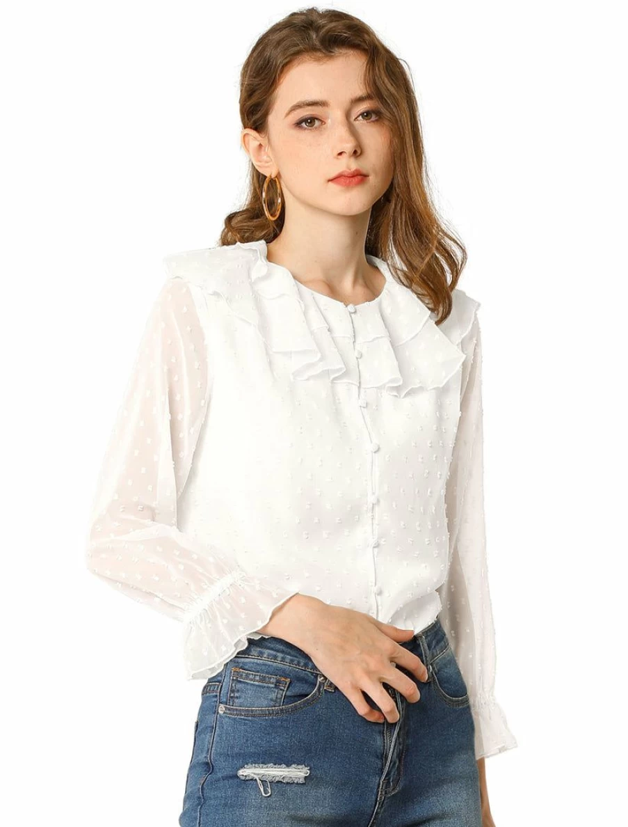 Women's Polka Dot Sheer Chiffon Blouse with Ruffle Neck and Button Front