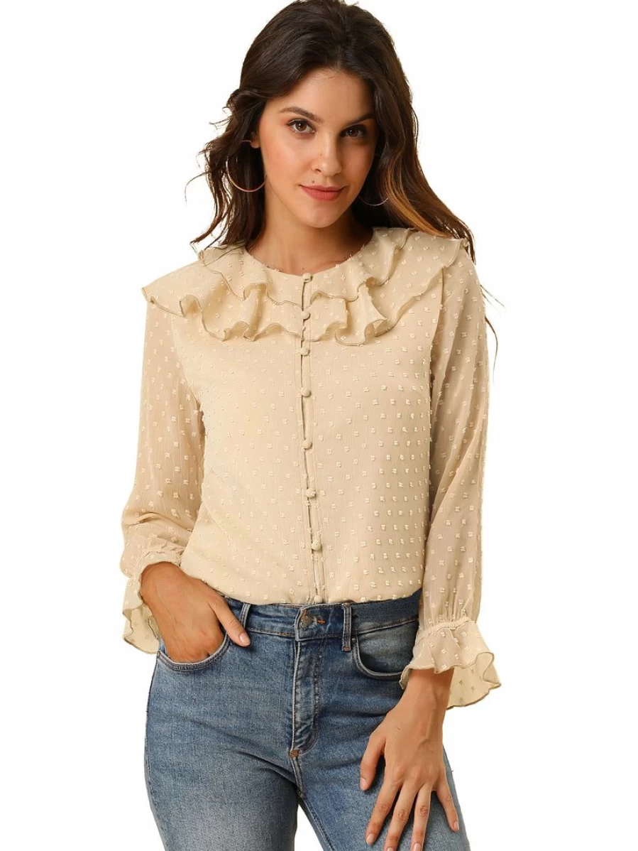 Women's Polka Dot Sheer Chiffon Blouse with Ruffle Neck and Button Front