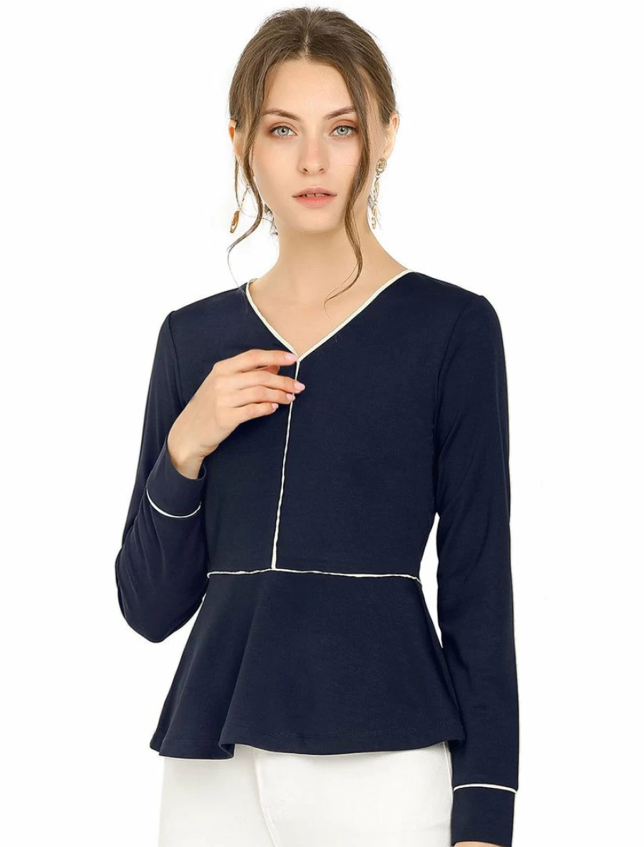 Women's V-Neck Long Sleeve Peplum Blouse with Ruffle Hem - Elegant Flowy Tunic Top for Casual Wear