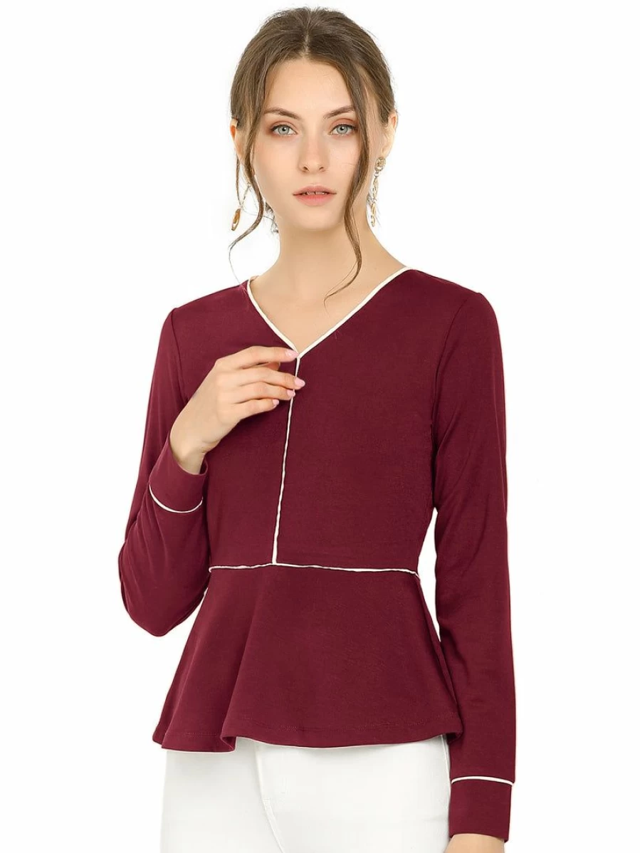 Women's V-Neck Long Sleeve Peplum Blouse with Ruffle Hem - Elegant Flowy Tunic Top for Casual Wear