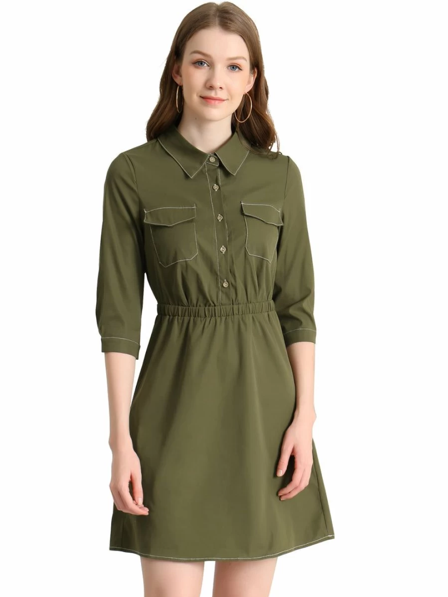 Army Green Women's Safari Shirt Dress with Contrast Stitch and 3/4 Sleeves