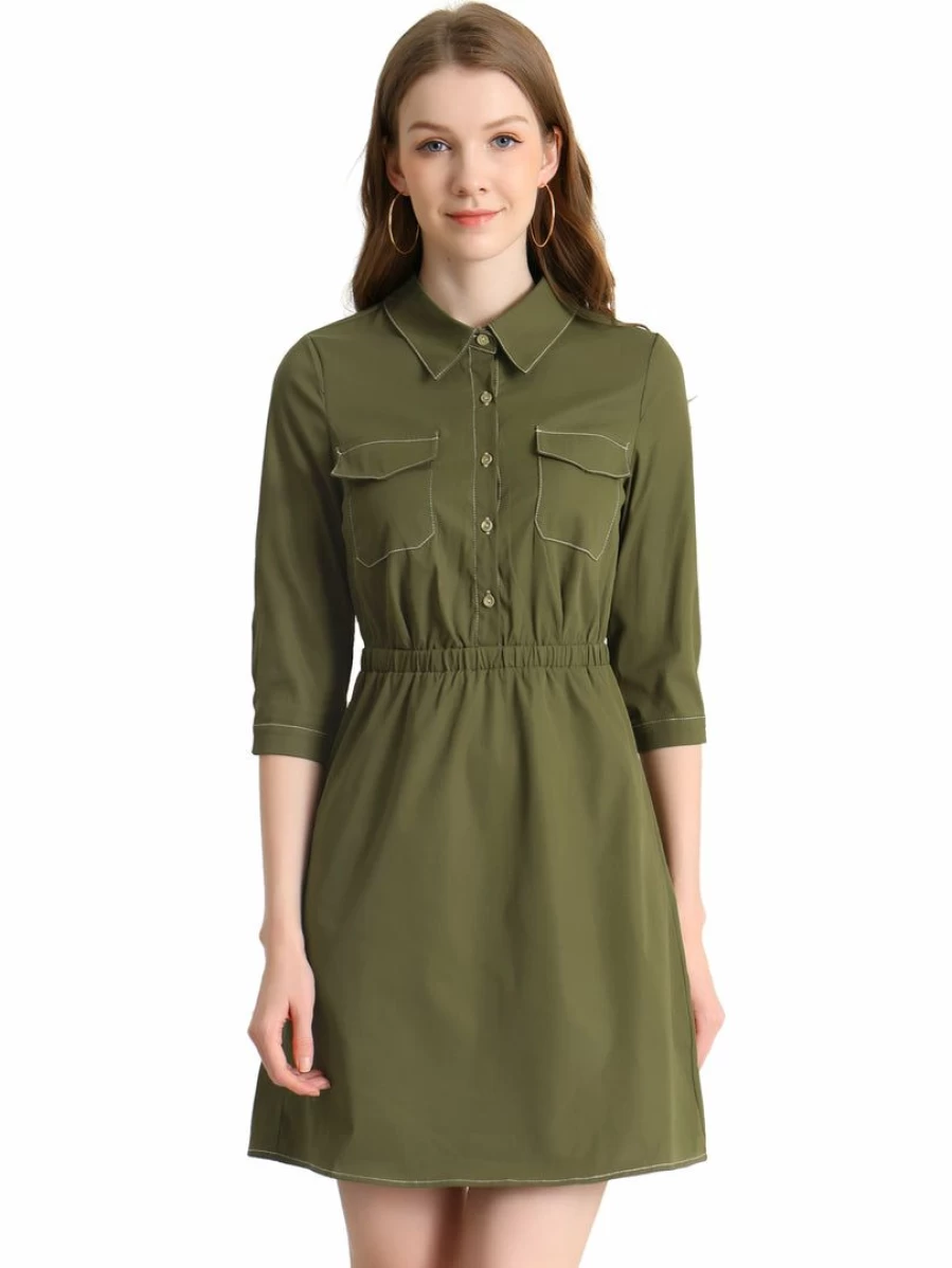 Army Green Women's Safari Shirt Dress with Contrast Stitch and 3/4 Sleeves