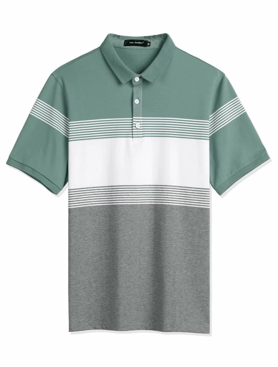 Men's Color Block Striped Short Sleeve Polo Shirts for Summer Golf & Casual Wear