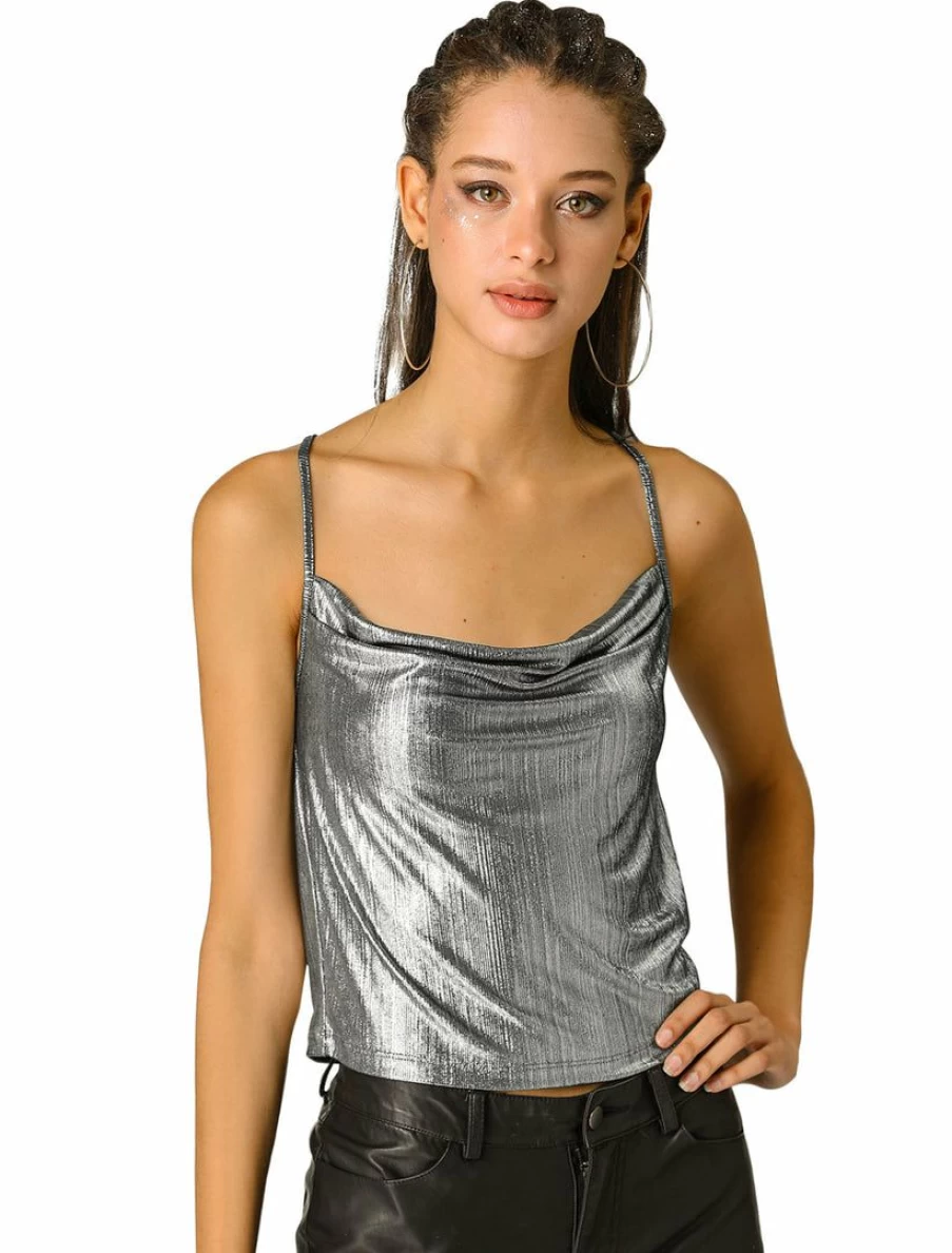 Women's Sparkly Cowl Neck Glitter Camisole Top - Metallic Clubwear Spaghetti Strap Blouse