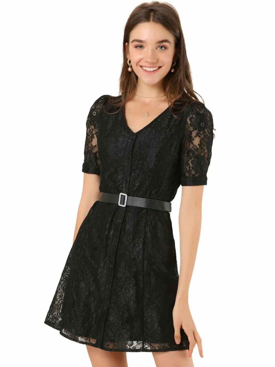 Black Vintage Lace Puff Sleeve V-Neck Belted Button Down Dress for Women