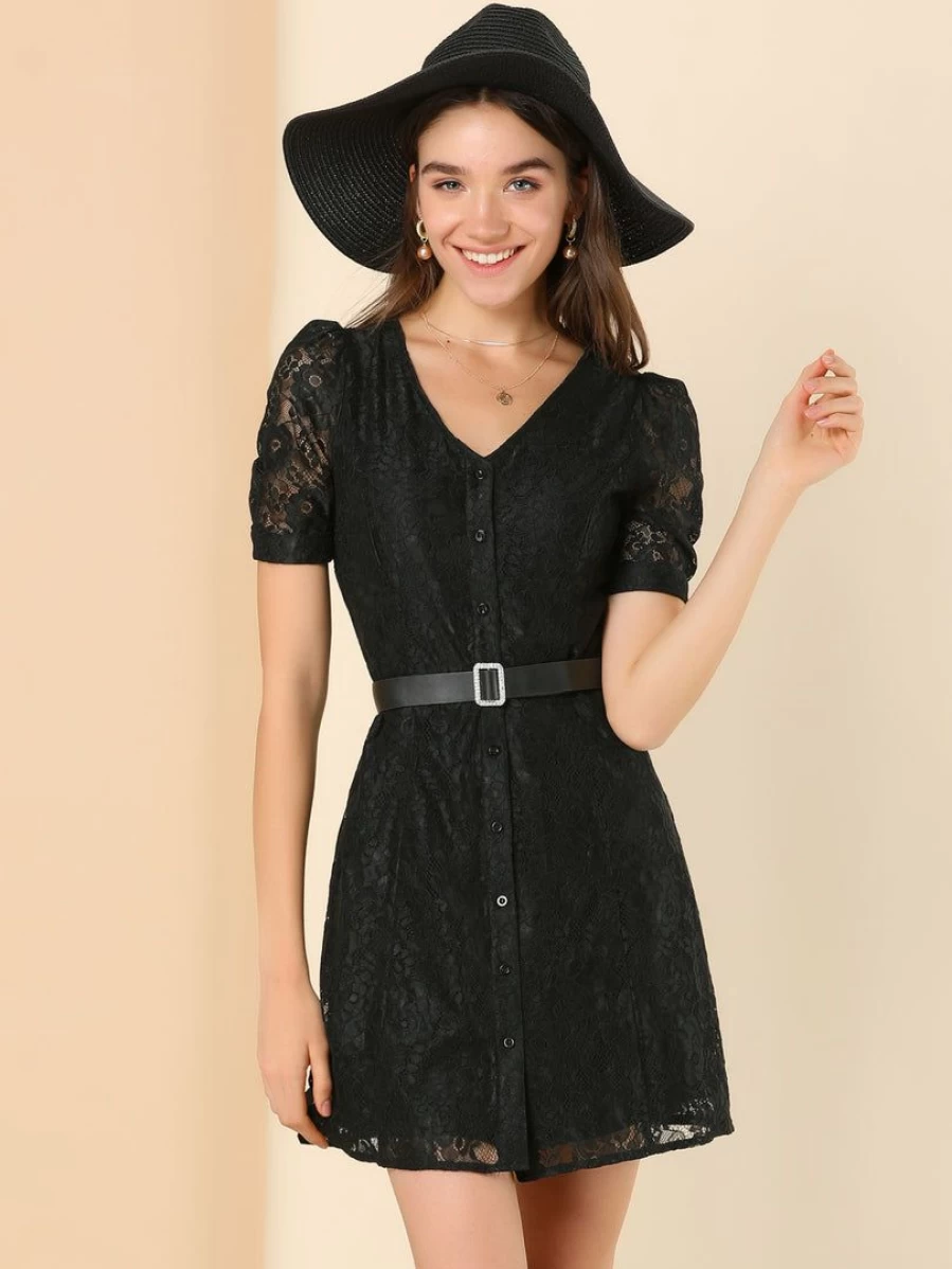 Black Vintage Lace Puff Sleeve V-Neck Belted Button Down Dress for Women