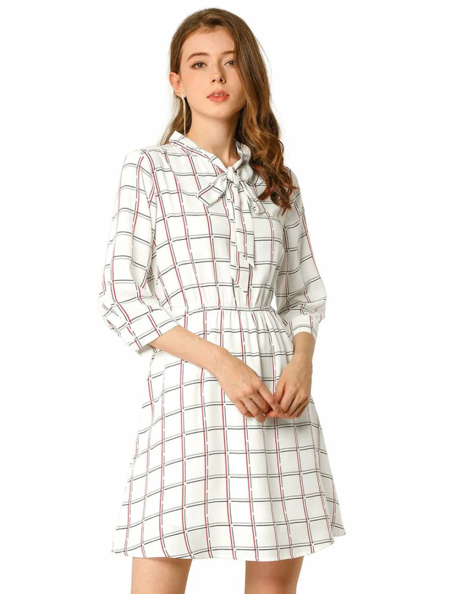 White Plaid Print Tie-Bow Neck Dress for Women - 3/4 Sleeve Office Work Dress Above Knee