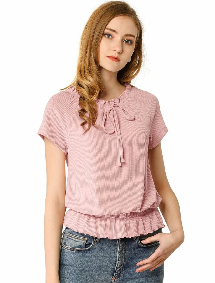 Pink Women's Short Sleeve Ruffle Hem Blouse Tie Neck Round Neck Tops
