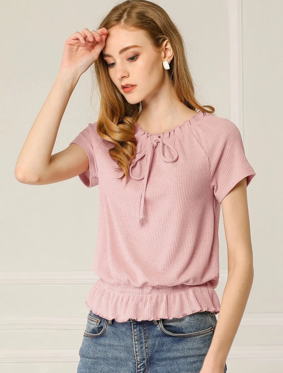 Pink Women's Short Sleeve Ruffle Hem Blouse Tie Neck Round Neck Tops