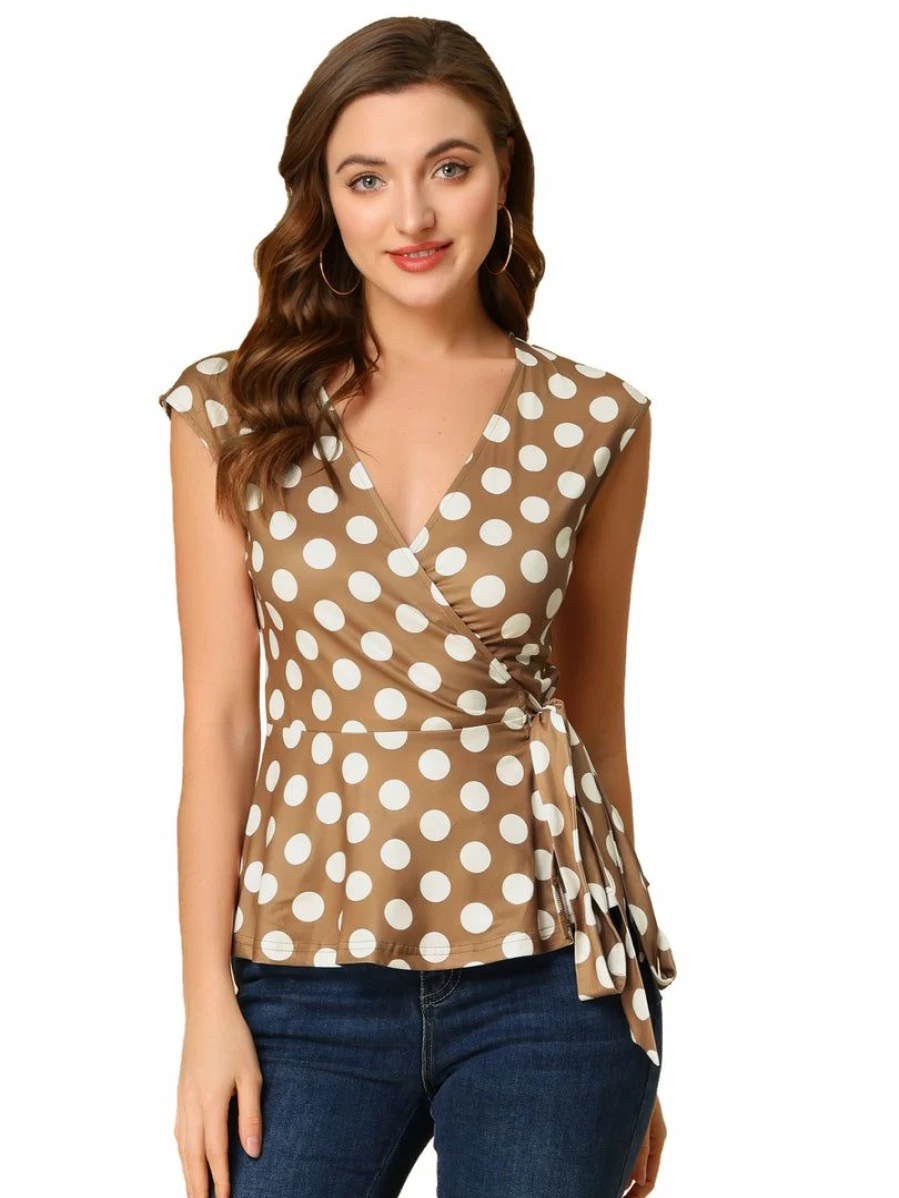 Allegra K Women's V Neck Sleeveless Wrap Top with Self Tie Front and Dotted Print