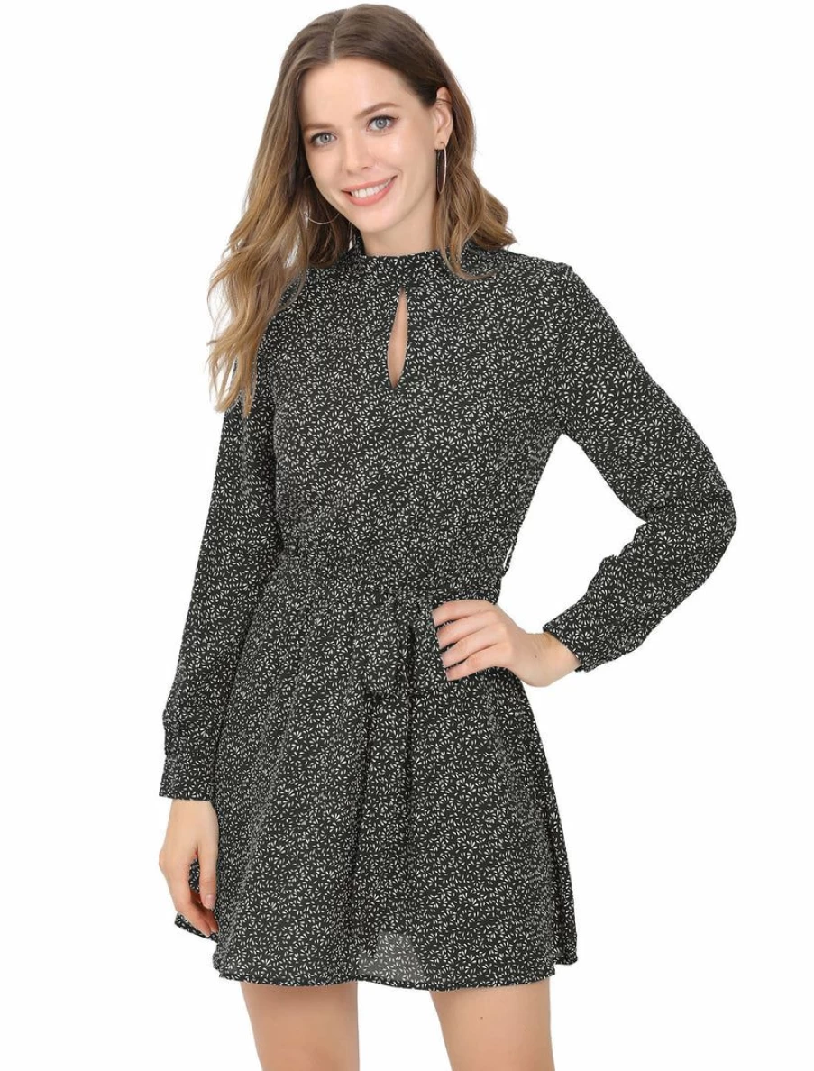Black Dotted Long Sleeve Mock Neck Keyhole Tie Waist A-Line Dress for Women