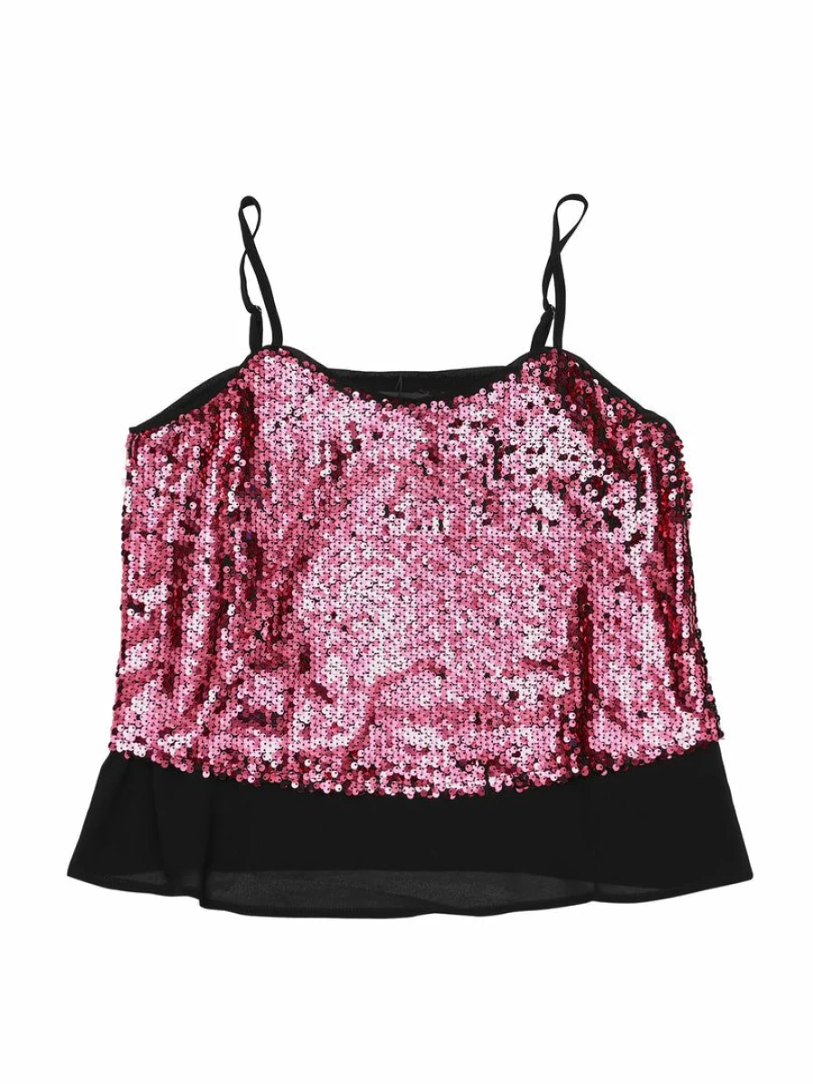 Women's Champagne Gold Sequin Vest Sleeveless Chiffon Tank Top with Contrast Panel
