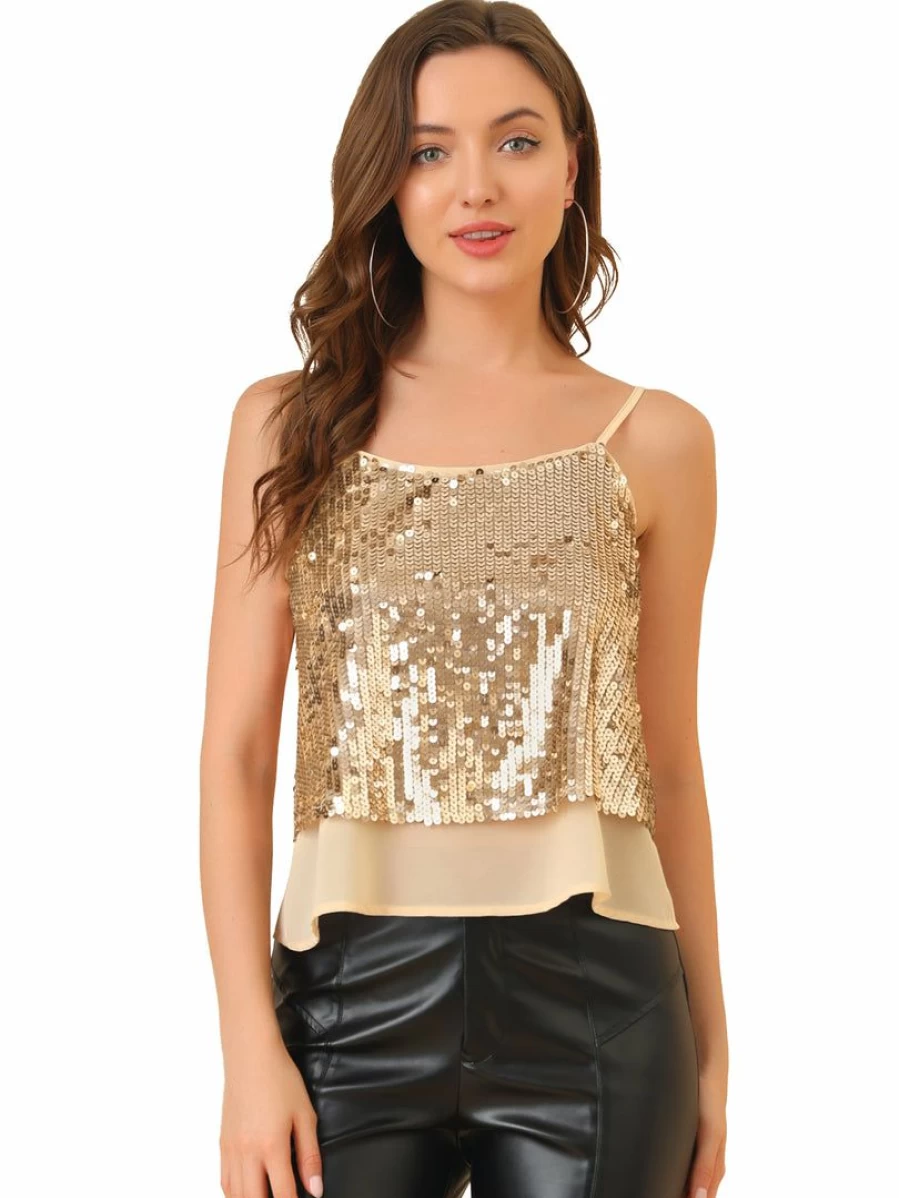 Women's Champagne Gold Sequin Vest Sleeveless Chiffon Tank Top with Contrast Panel