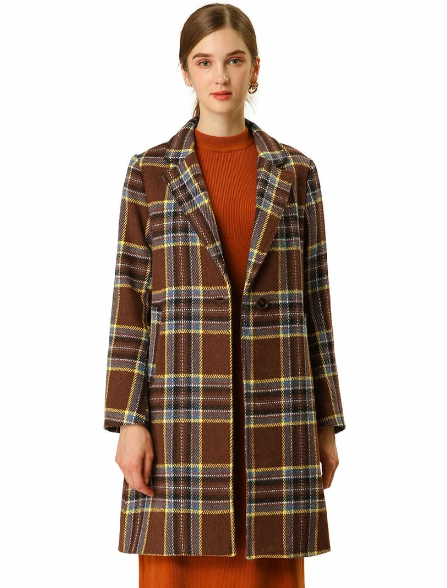 Brown Tartan Plaid Coat with Notched Lapel by Allegra K