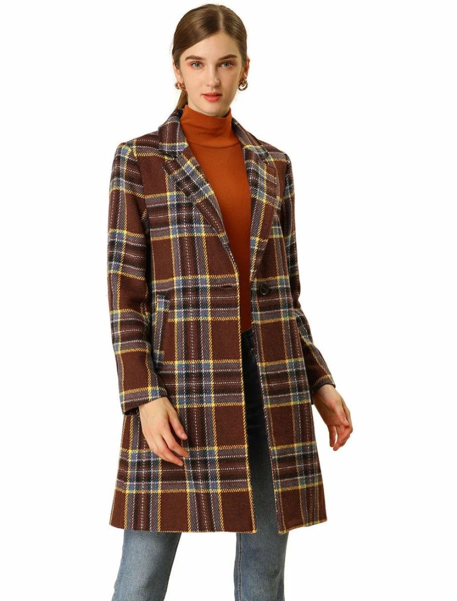 Brown Tartan Plaid Coat with Notched Lapel by Allegra K