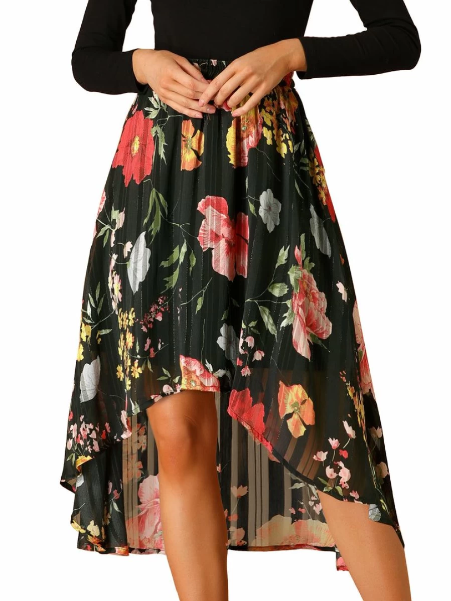Black Floral Lurex Chiffon High-Low Midi Skirt with Elastic Waist for Women