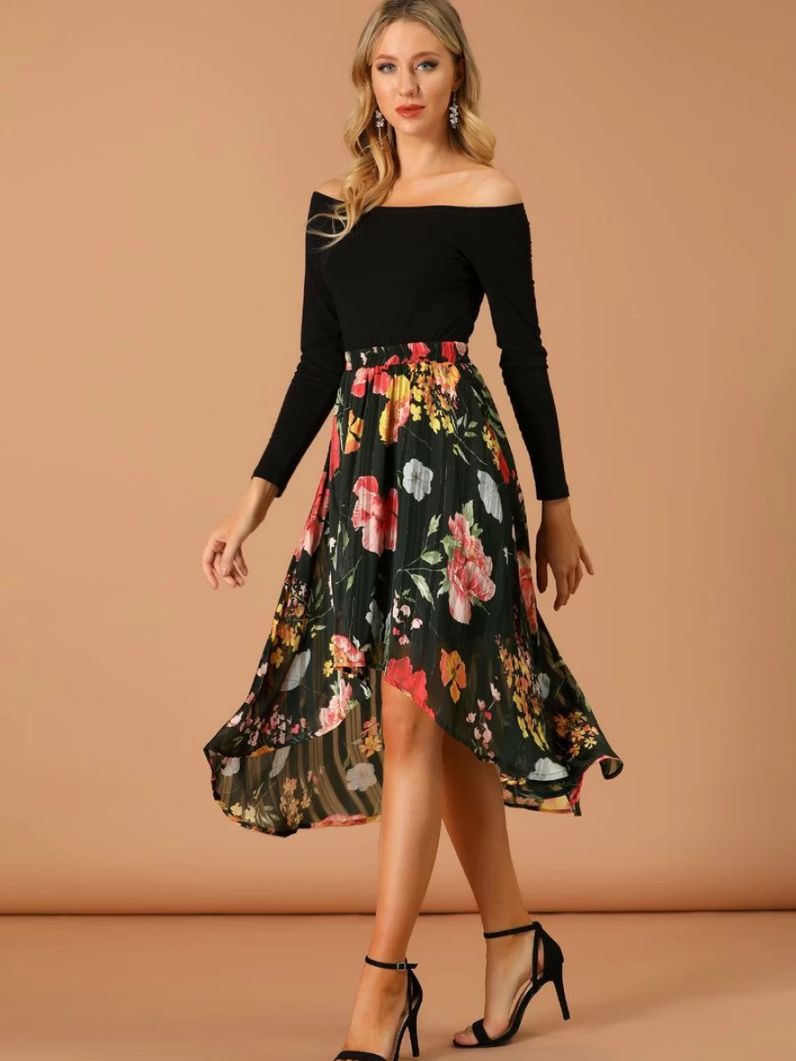Black Floral Lurex Chiffon High-Low Midi Skirt with Elastic Waist for Women