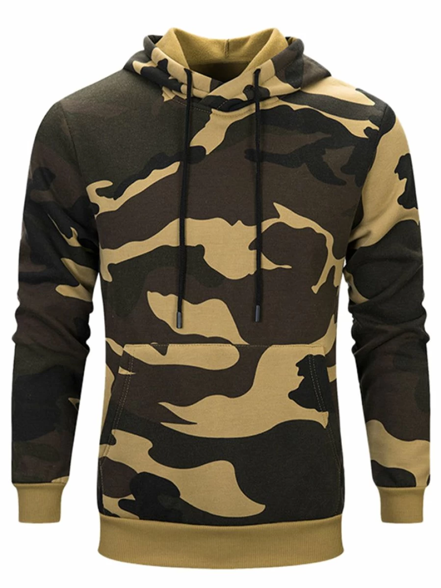 Men's Camouflage Print Hoodie with Plush Lining, Long Sleeve Pullover Sweatshirt and Front Pocket