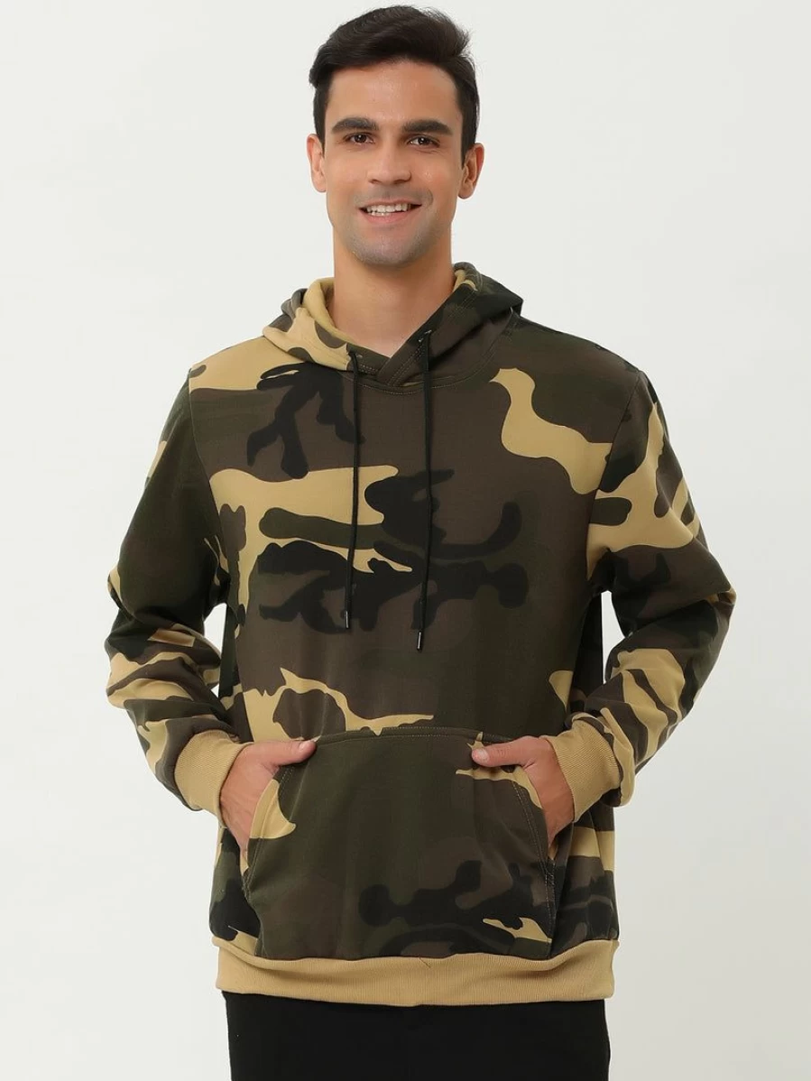 Men's Camouflage Print Hoodie with Plush Lining, Long Sleeve Pullover Sweatshirt and Front Pocket