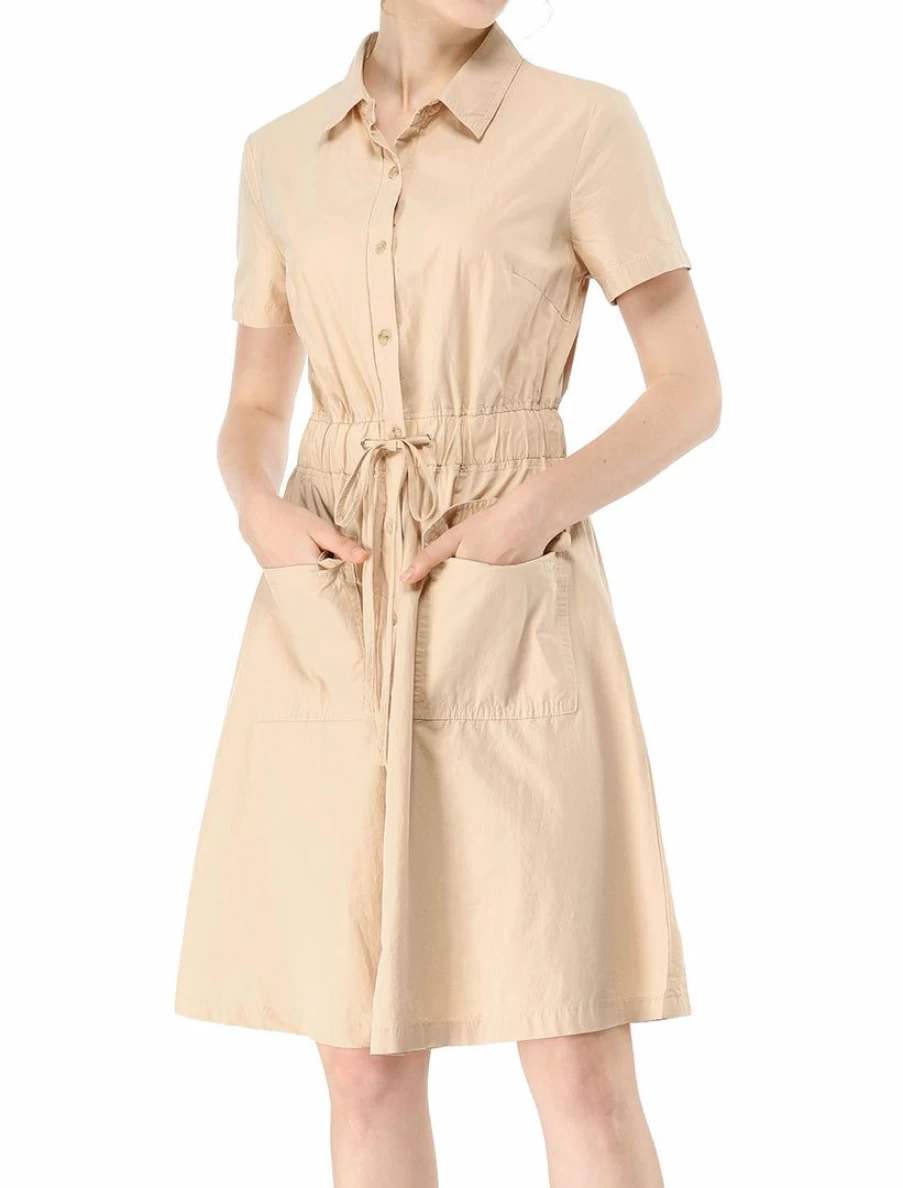 "Stylish Button-Up Elastic Waist Dress with Pockets - Comfortable and Functional Women's Dress"