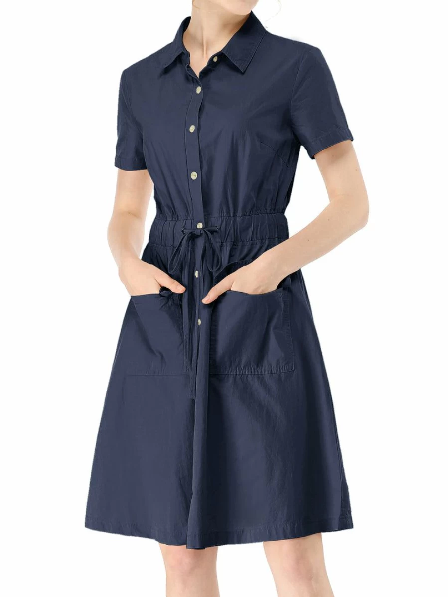 "Stylish Button-Up Elastic Waist Dress with Pockets - Comfortable and Functional Women's Dress"