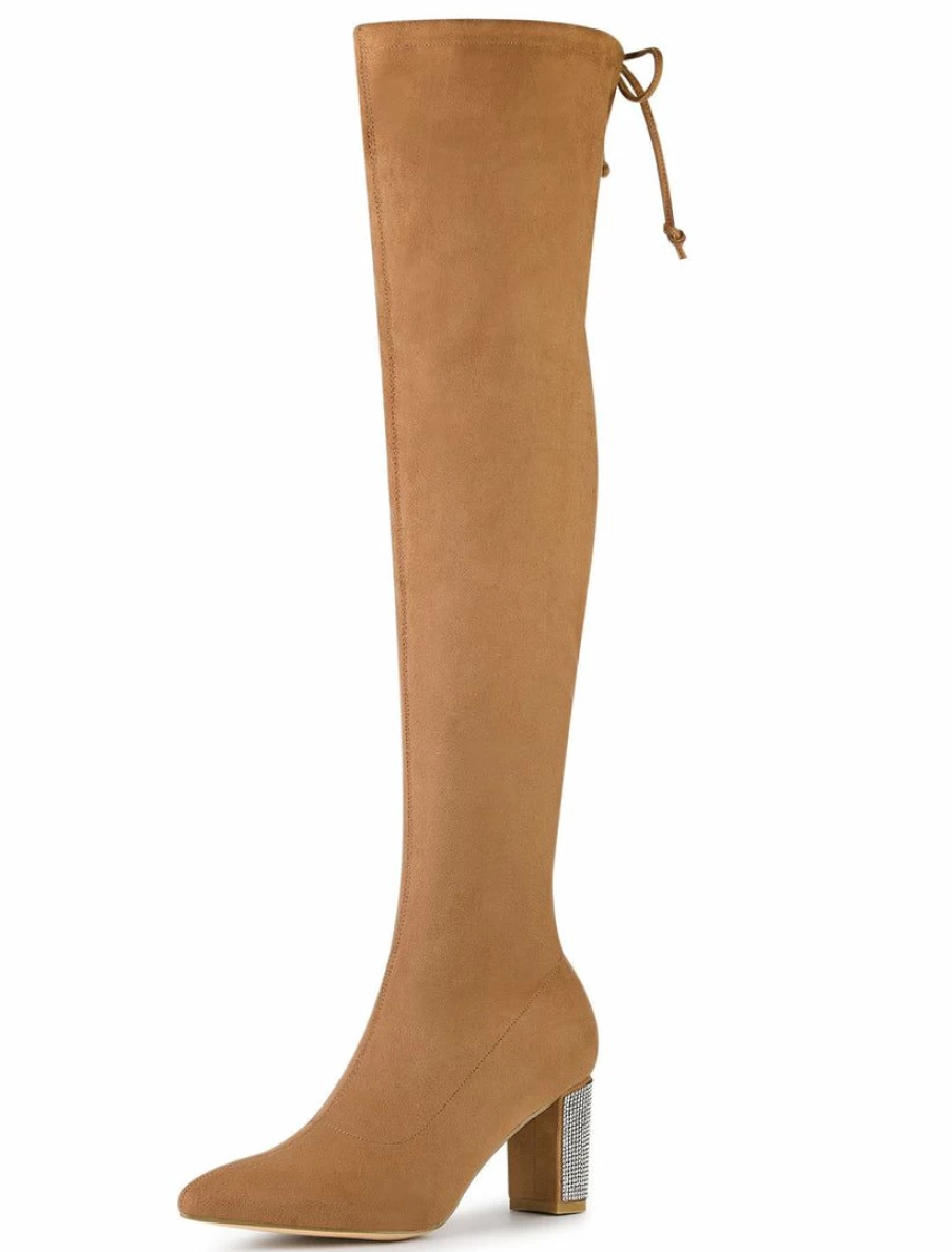 Women's Over The Knee High Boots with Chunky Heels & Rhinestone Details - Stylish Thigh-High Winter Boots for Women