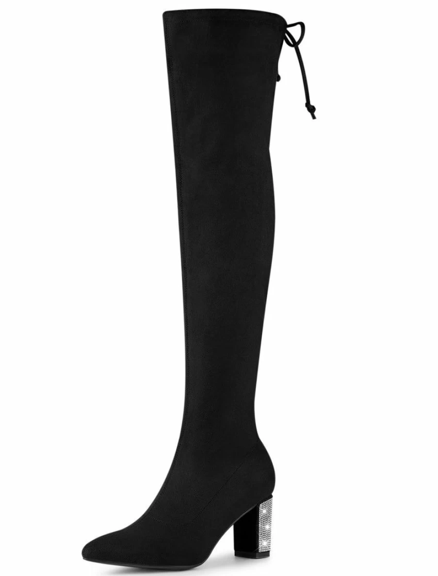 Women's Over The Knee High Boots with Chunky Heels & Rhinestone Details - Stylish Thigh-High Winter Boots for Women