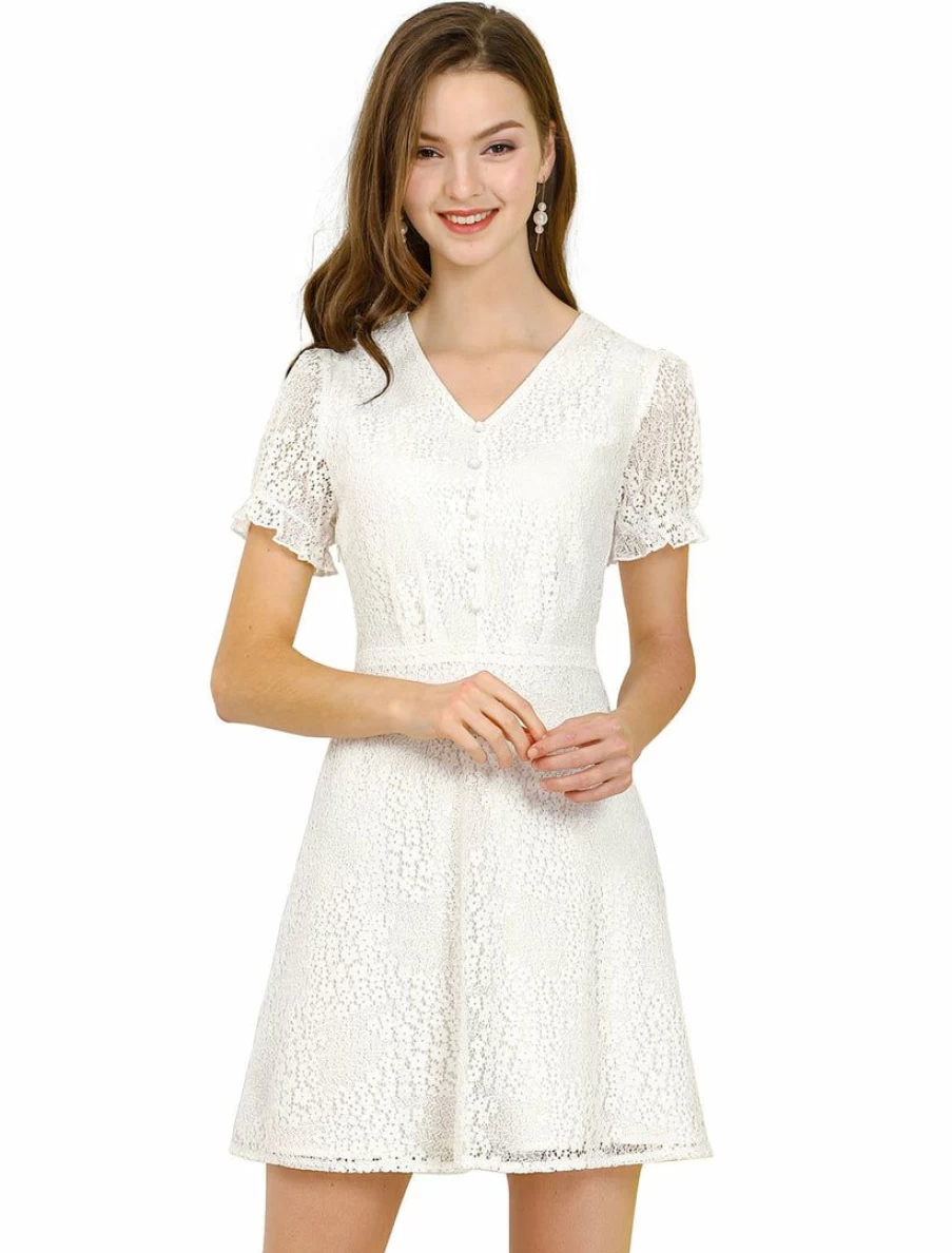 White Floral Lace V-Neck A-Line Cocktail Dress with Puff Sleeves for Women